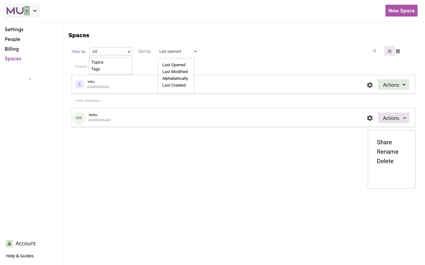 Spaces — multiple actions